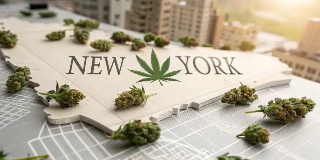 A 3D raised map of New York with cannabis buds and a marijuana leaf symbol, representing legalization and industry growth.