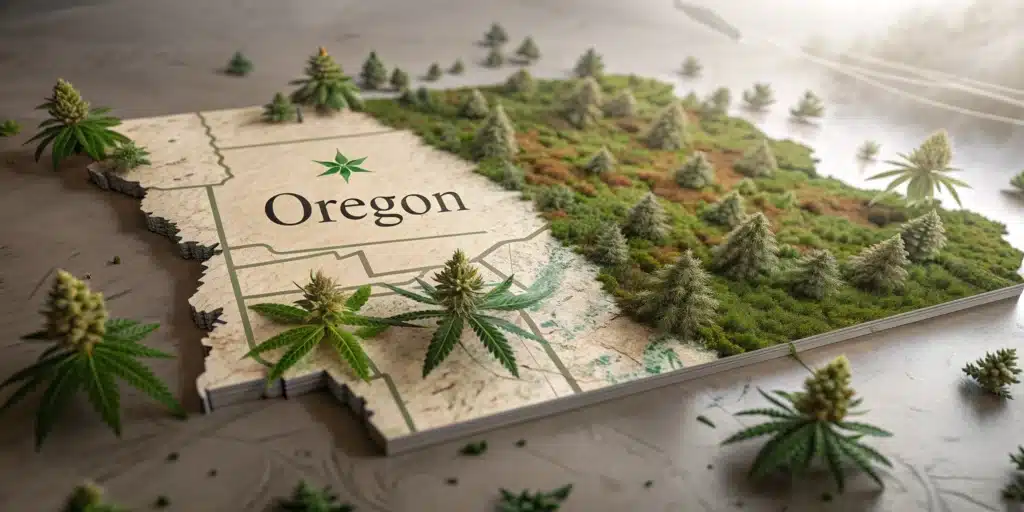 A 3D raised map of Oregon with cannabis plants and lush greenery, symbolizing the state's legalized marijuana industry.