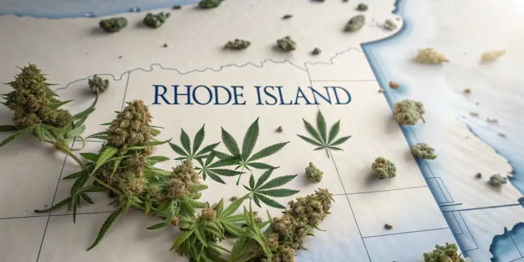 A detailed 3D map of Rhode Island with cannabis buds and leaves symbolizing the state's marijuana legalization.