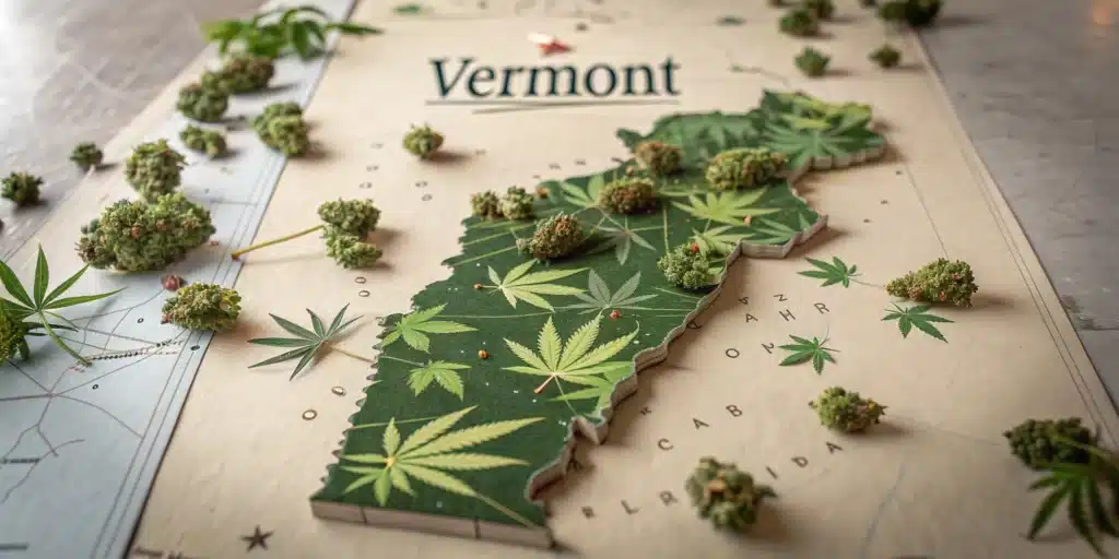 A hyperrealistic 3D map of Vermont featuring cannabis buds and leaves, symbolizing the state's marijuana legalization.