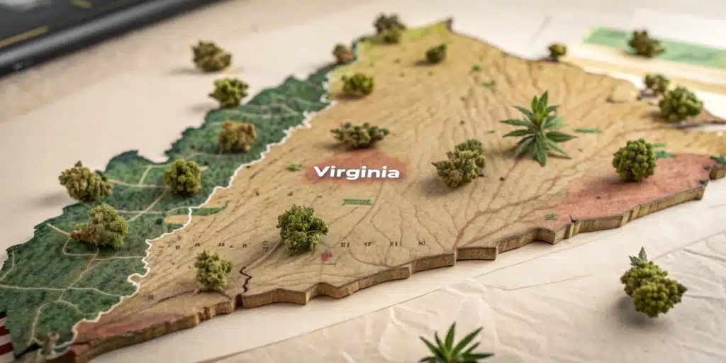 A hyperrealistic 3D topographic map of Virginia, featuring cannabis buds and leaves, symbolizing the state's marijuana laws.