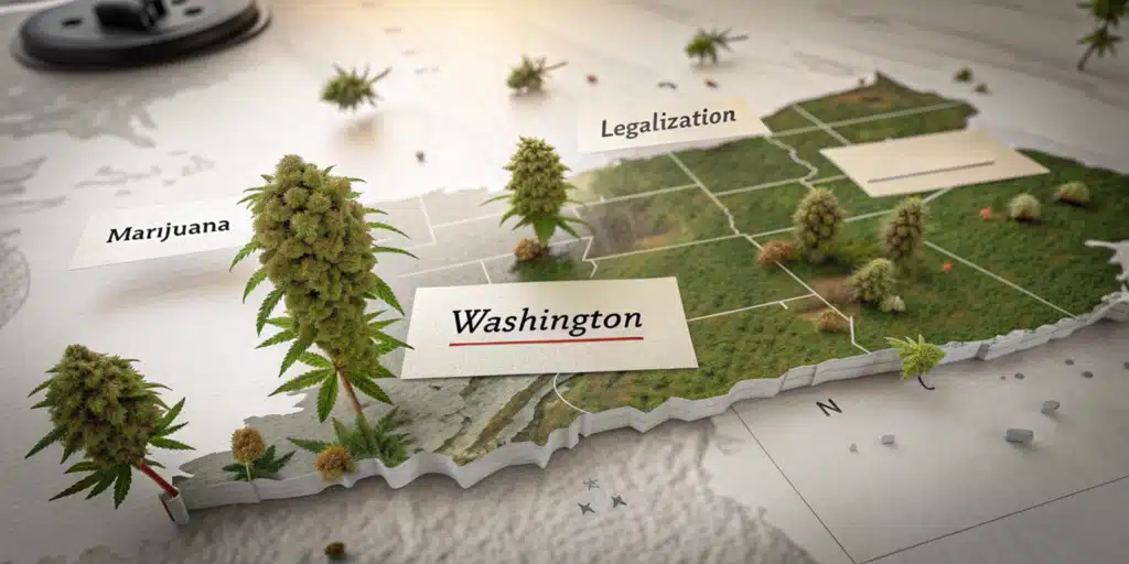 A hyperrealistic 3D map of Washington State, featuring cannabis plants and labels for "Marijuana" and "Legalization," symbolizing the state's stance on cannabis laws.