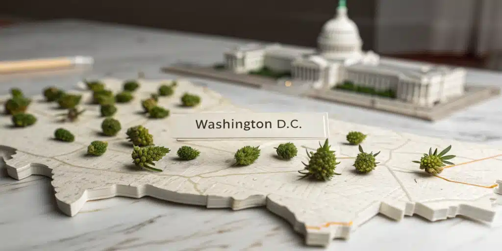 A hyperrealistic 3D map of Washington D.C., decorated with cannabis buds and featuring the U.S. Capitol in the background, symbolizing marijuana legalization in the nation's capital.