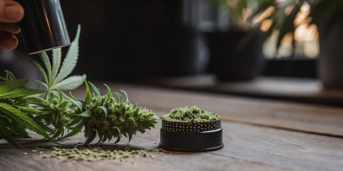 fresh cannabis cola next to ground weed in a round container