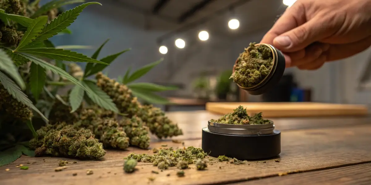 hand adding ground cannabis buds into a black metal container
