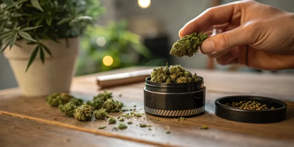 hand placing green weed buds into a grinder-style storage container