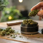 hand placing green weed buds into a grinder-style storage container
