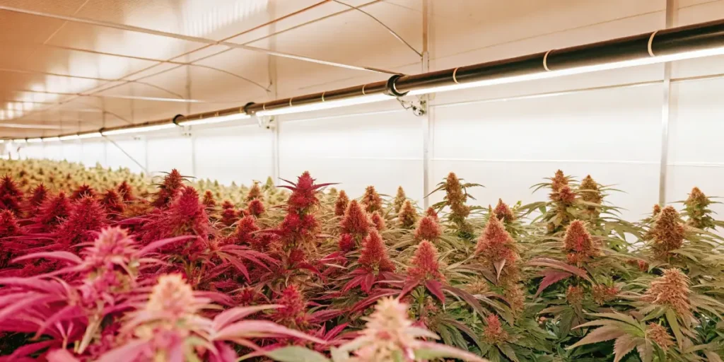 modern indoor cannabis farm with vibrant red and green flowering plants under professional grow lights