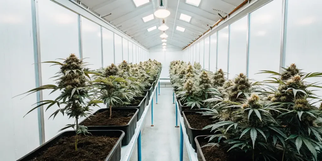 modern cannabis cultivation room with neatly organized plants in large pots under soft white lights