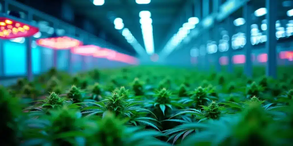 Cannabis plants growing under full-spectrum LED lights, promoting high yield production.