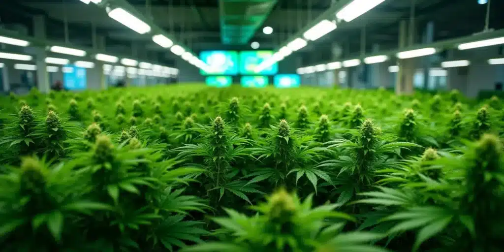 Indoor cannabis plants thriving under LED lights, optimized for high yield cultivation.