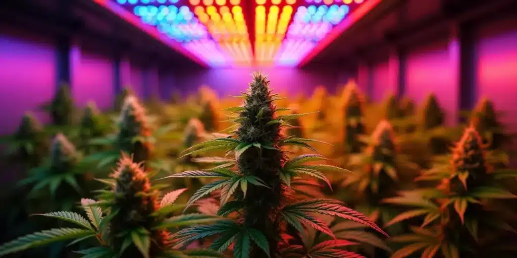 Close-up of cannabis plants under colorful LED grow lights designed for high yield.
