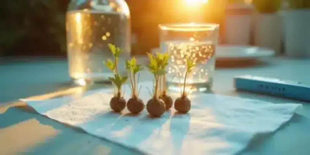 Cannabis seedlings growing in a hydroponic system under warm indoor lighting.