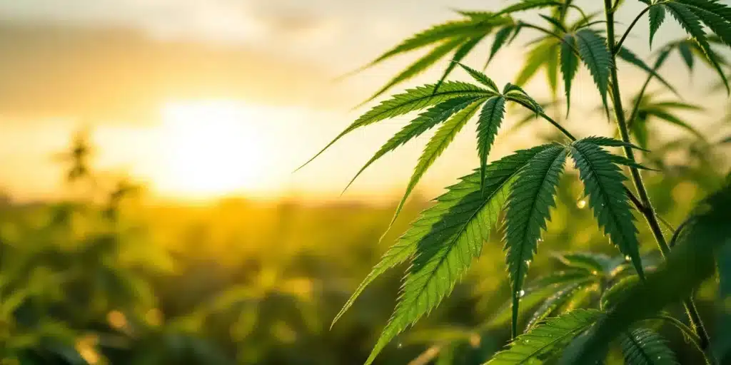 Lush cannabis leaves glistening at sunset, highlighting the natural source of CBD and its extraction process.
