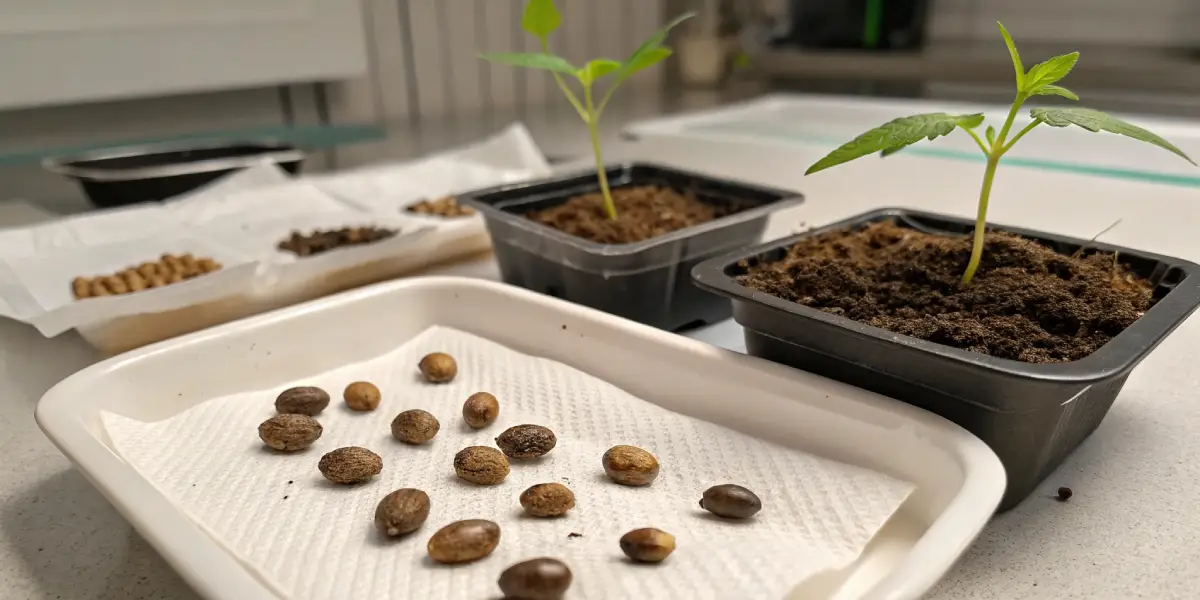 Two young cannabis seedlings in black pots, with numerous seeds on white paper towels, ready for planting.