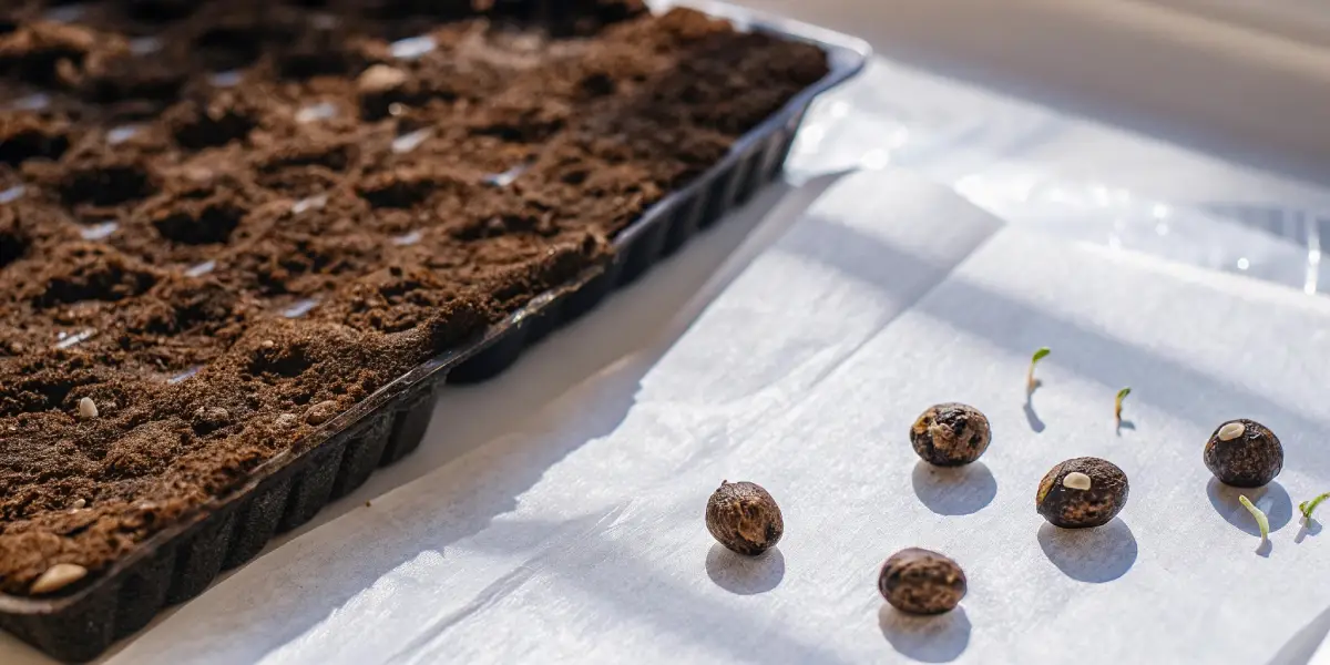 Six cannabis seeds on white paper towel, with tiny sprouts, next to a black seed starting tray with soil.