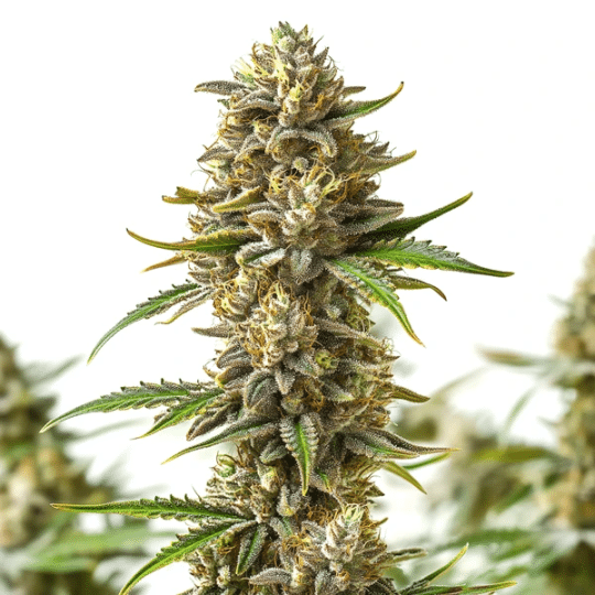 Shiskaberry Autoflower bud with abundant trichomes and purple tones.