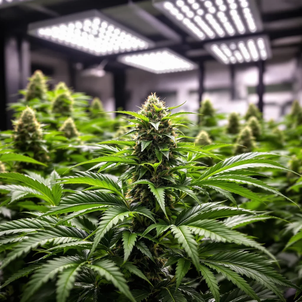 Lush cannabis plant growing indoors with glistening trichomes.