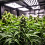 Lush cannabis plant growing indoors with glistening trichomes.