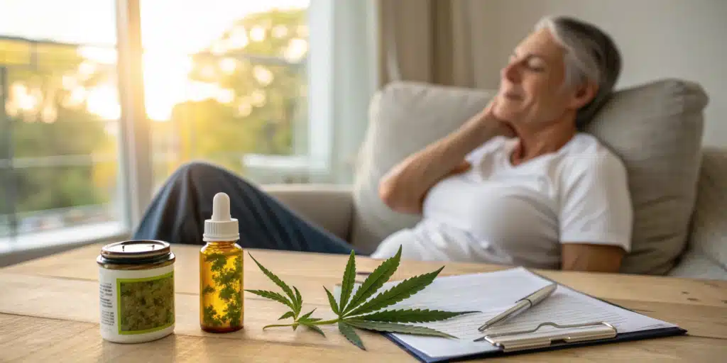 Middle-aged woman relaxing on a couch with CBD oil, cannabis jar, and a cannabis leaf on a wooden table in front of her.