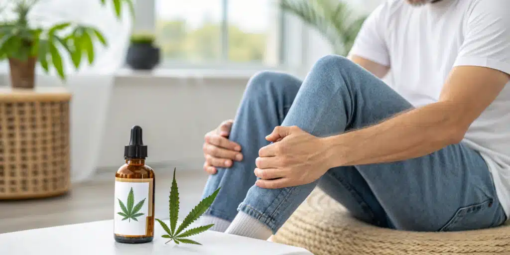 Man in casual clothing massaging his knee while sitting indoors, with a CBD oil bottle featuring a cannabis leaf label nearby.