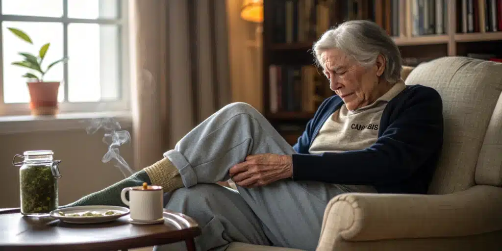 Elderly woman sitting in a cozy living room, massaging her knee with a pained expression, next to a jar of cannabis and a cup of tea.