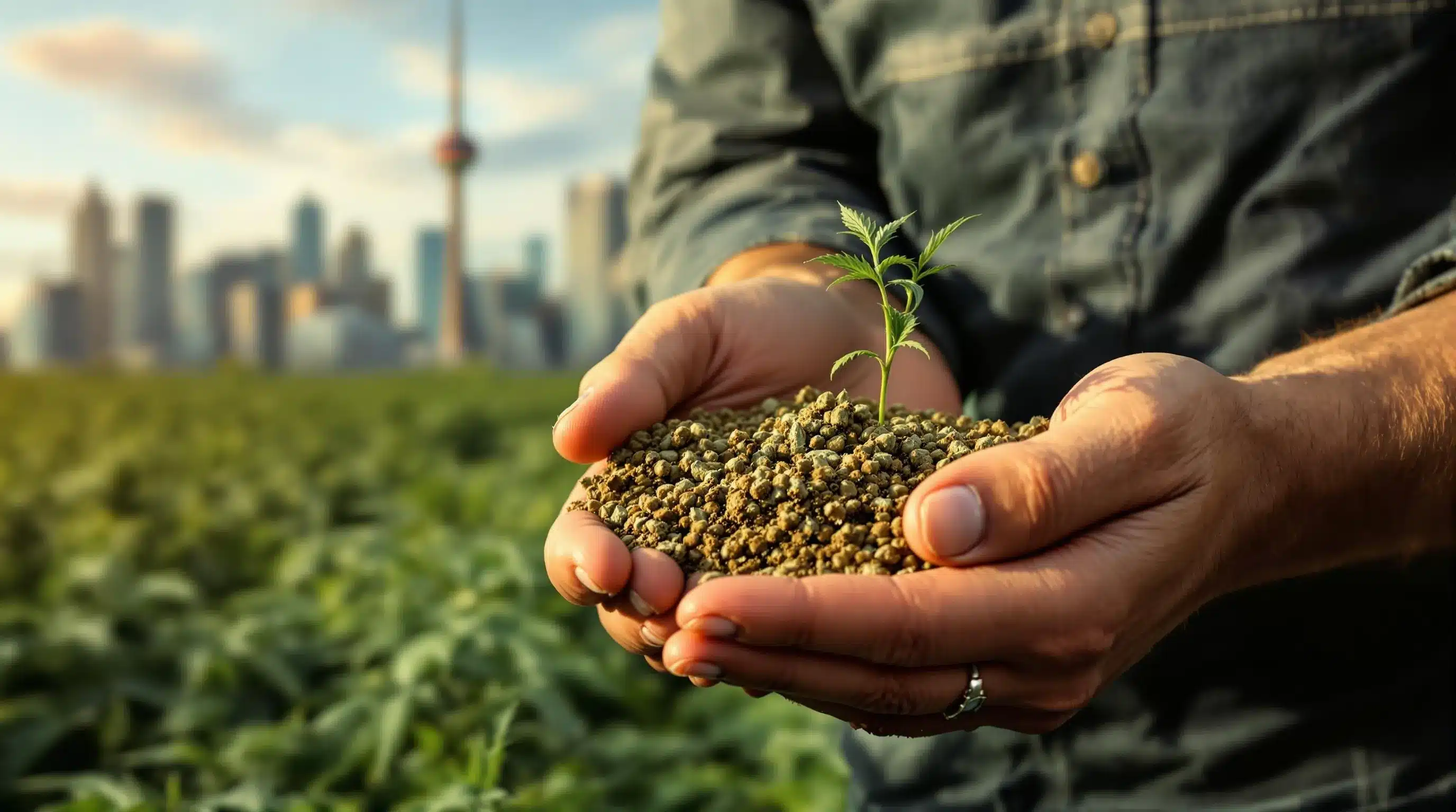 Ontario grower holding cannabis seeds with Toronto skyline.