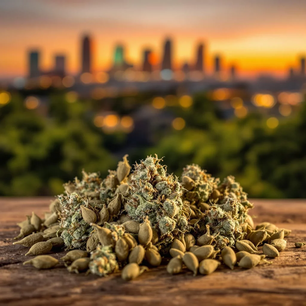 Premium cannabis seeds in San Diego with the city skyline in the background.