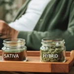 Glass jars labeled Indica, Sativa, Hybrid with cannabis samples, on a tray with a blurred person.