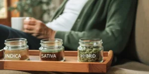 Glass jars labeled Indica, Sativa, Hybrid with cannabis samples, on a tray with a blurred person.