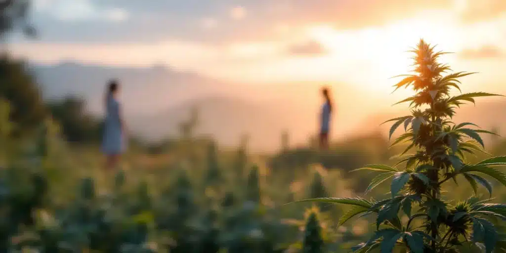 Outdoor cannabis plant with people in the background, highlighting strains used for depression treatment.