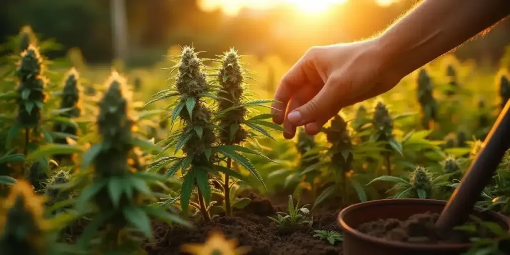Hand selecting a cannabis plant from a sunlit outdoor garden, symbolizing the process of choosing the right cannabis strain.