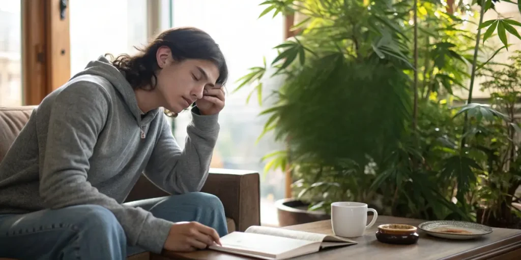 Tired young adult with long hair, hand on face, reading a book on a couch, with a plant and mug nearby.