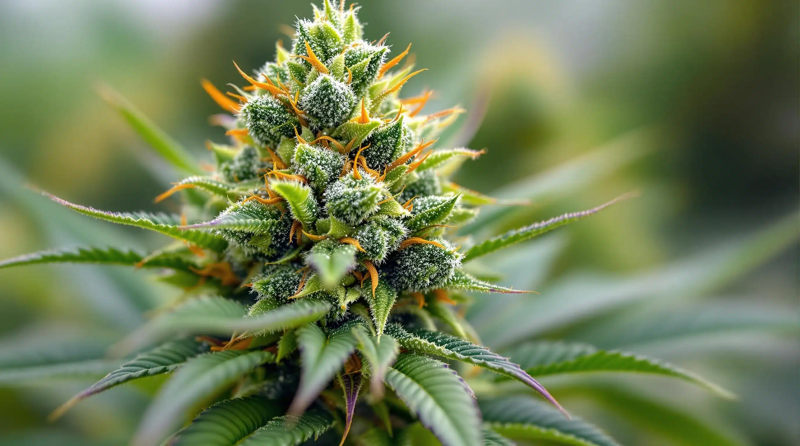 Macro shot of a cannabis bud with orange pistils and frosty trichomes