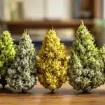 Collection of cannabis buds in various colors and textures on a wooden table