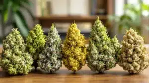 Collection of cannabis buds in various colors and textures on a wooden table
