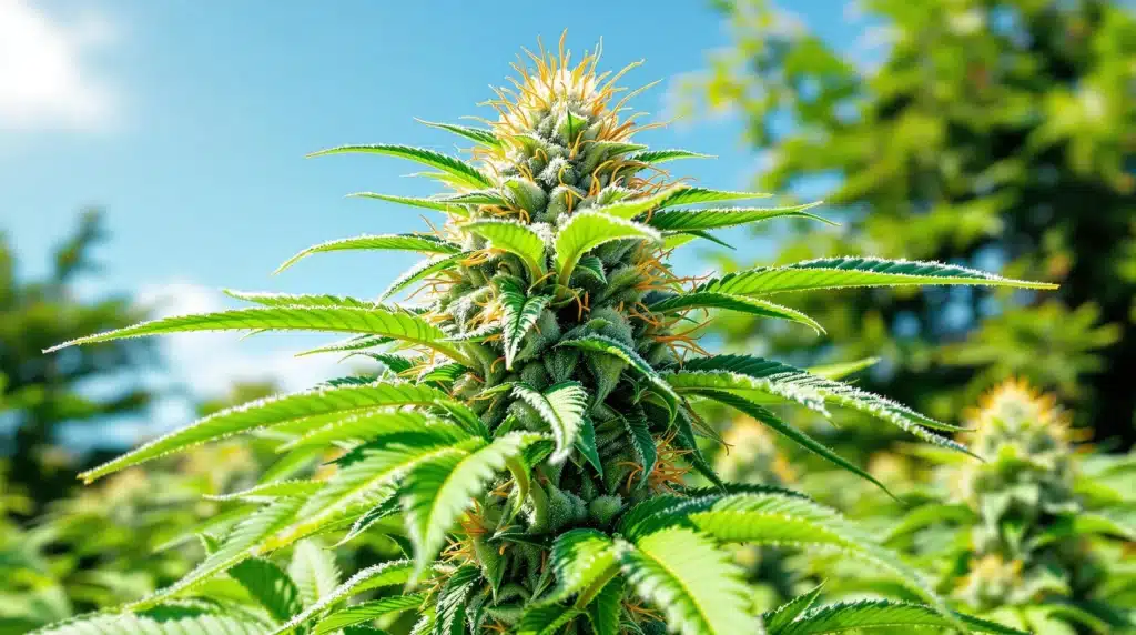 Outdoor cannabis plant with frosty trichomes and orange pistils against a blue sky