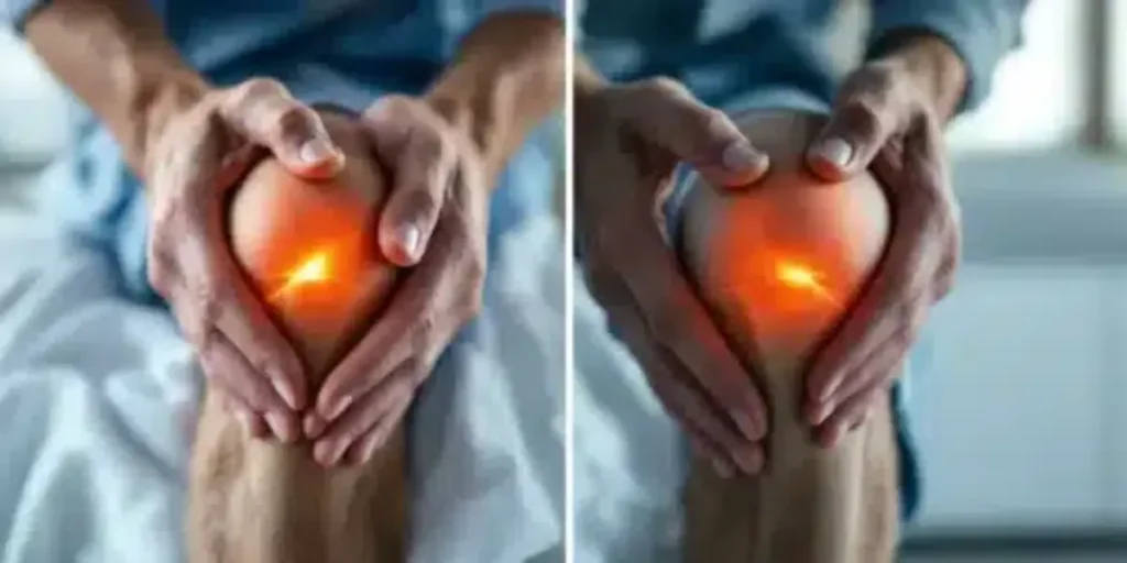 Close-up of a person holding their inflamed knee with a highlighted pain spot, representing joint pain.