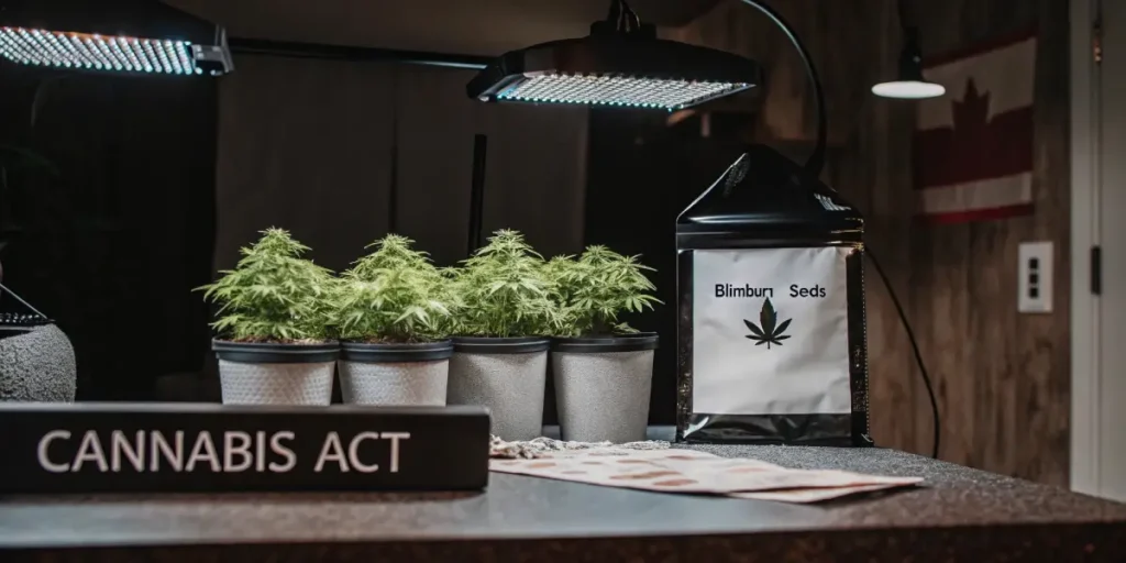 legal indoor cannabis cultivation with LED grow lights, cannabis act signage, and blimburn seeds packaging