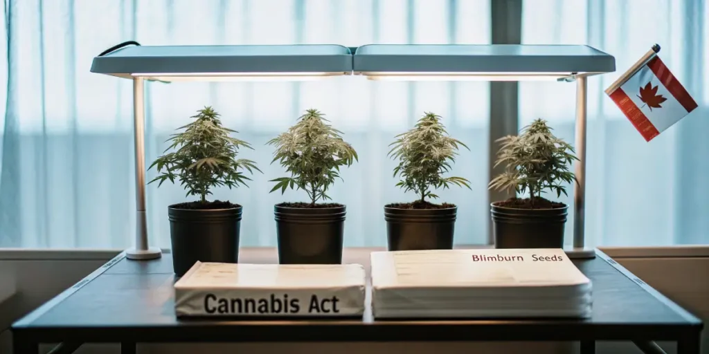 thriving cannabis plants under grow lights next to the cannabis act book and blimburn seeds paperwork