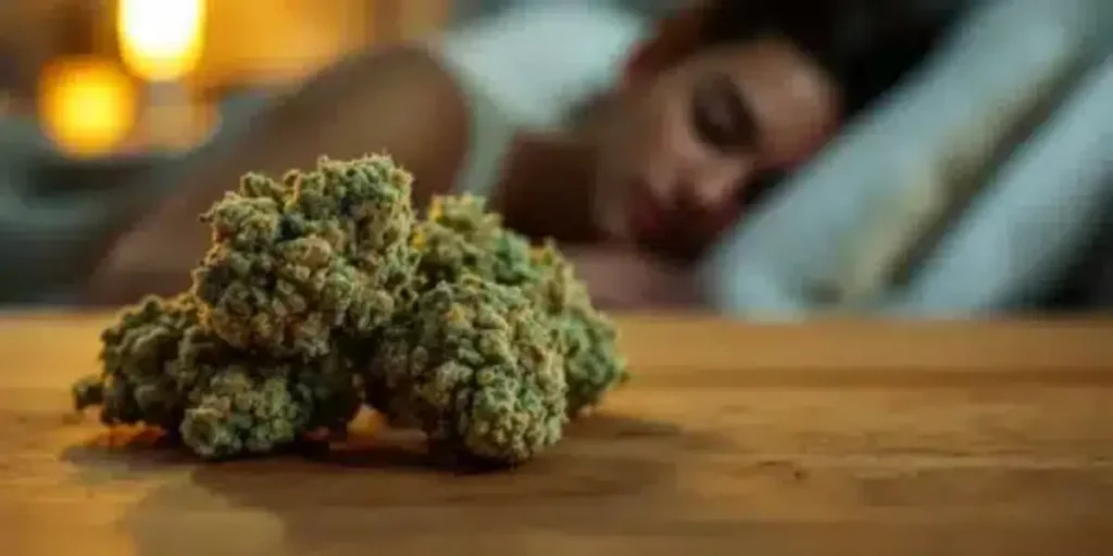 Cannabis buds in focus on a wooden table with a person sleeping peacefully in the background.