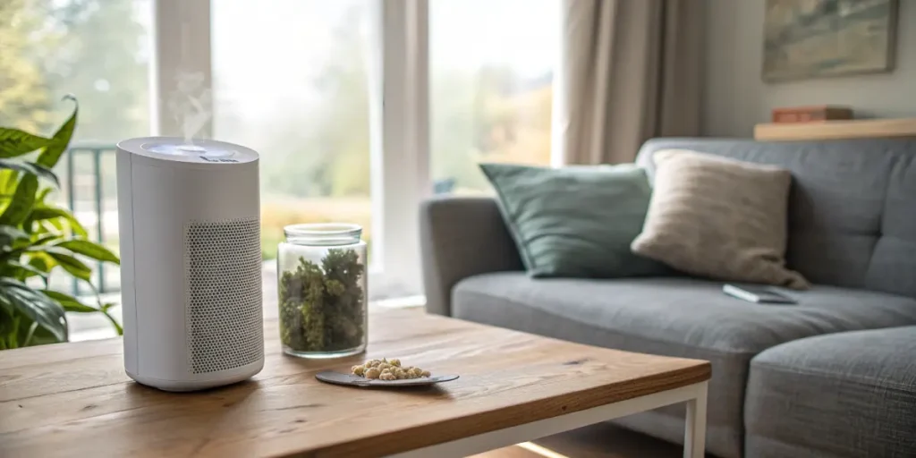 Hyper-realistic scene: white aroma diffuser emitting smoke next to a glass jar of cannabis buds and a tray of terpenes, on a wooden coffee table in a modern living room.