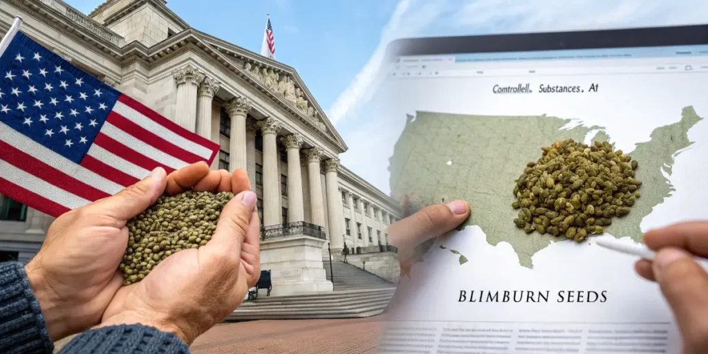 Hyper-realistic scene: hands holding cannabis seeds with a large American flag and courthouse in the background (left), and a close-up of a digital map of the USA covered in cannabis, with "BLIMBURN SEEDS" text, and a stylus (right).