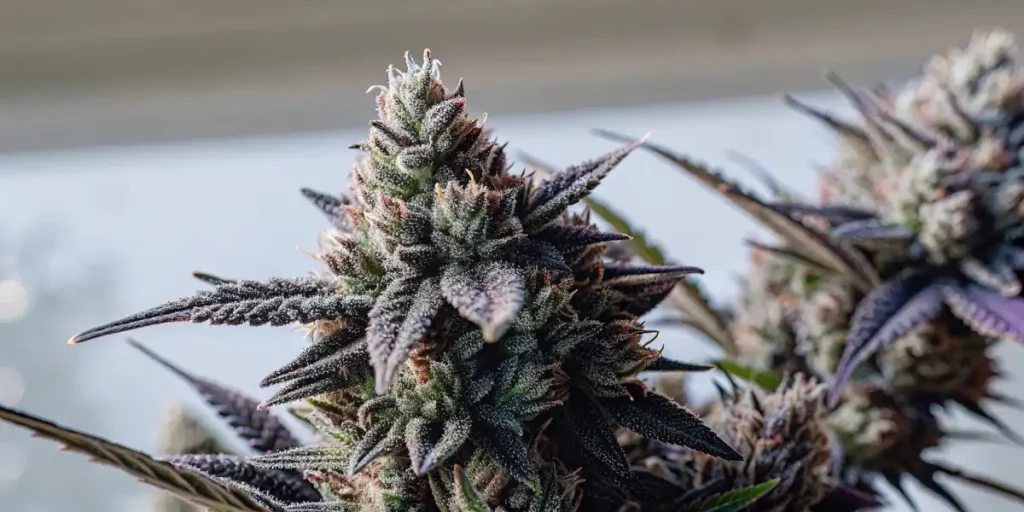 Macro shot of a cannabis bud with vibrant orange pistils and frosty trichomes.