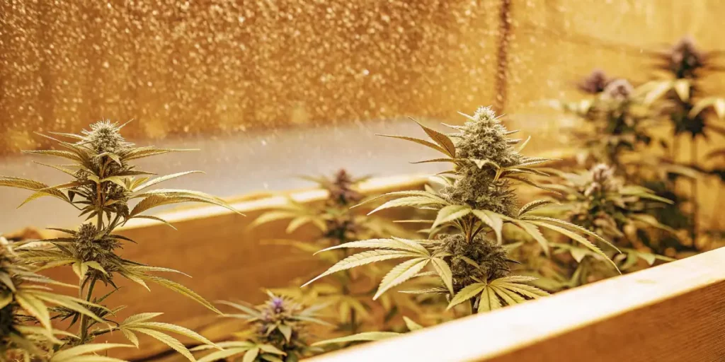 Cannabis buds growing under light rain, with droplets visible on the leaves and buds.