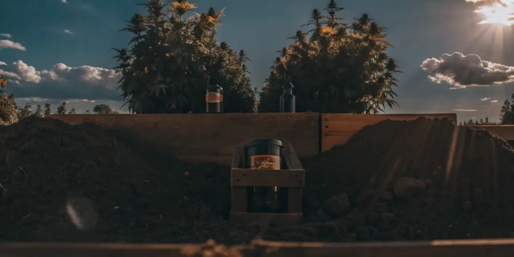 Hyper-realistic outdoor cannabis cultivation in a raised bed with buried container, under a partly cloudy sunset sky.