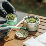 Gloved hands preparing cannabis for a grinder, with accessories on a wooden table.