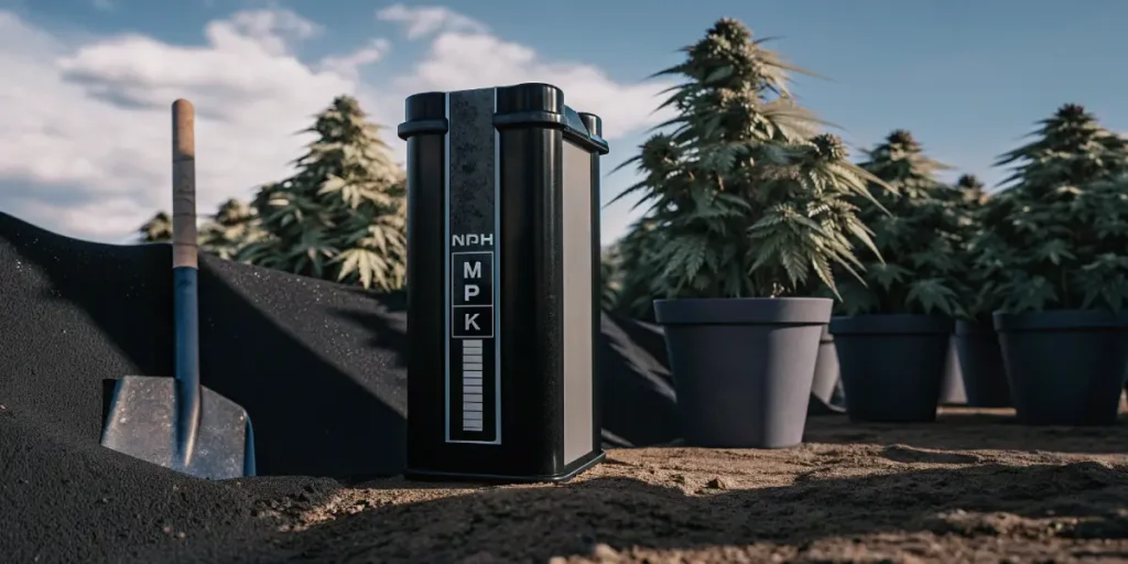 Hyper-realistic outdoor cannabis cultivation scene with a black NPK fertilizer container and a shovel, near potted plants.