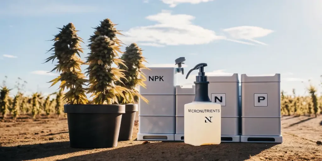 Hyper-realistic outdoor cannabis farm with a Micronutrients spray bottle and NPK containers next to potted plants.