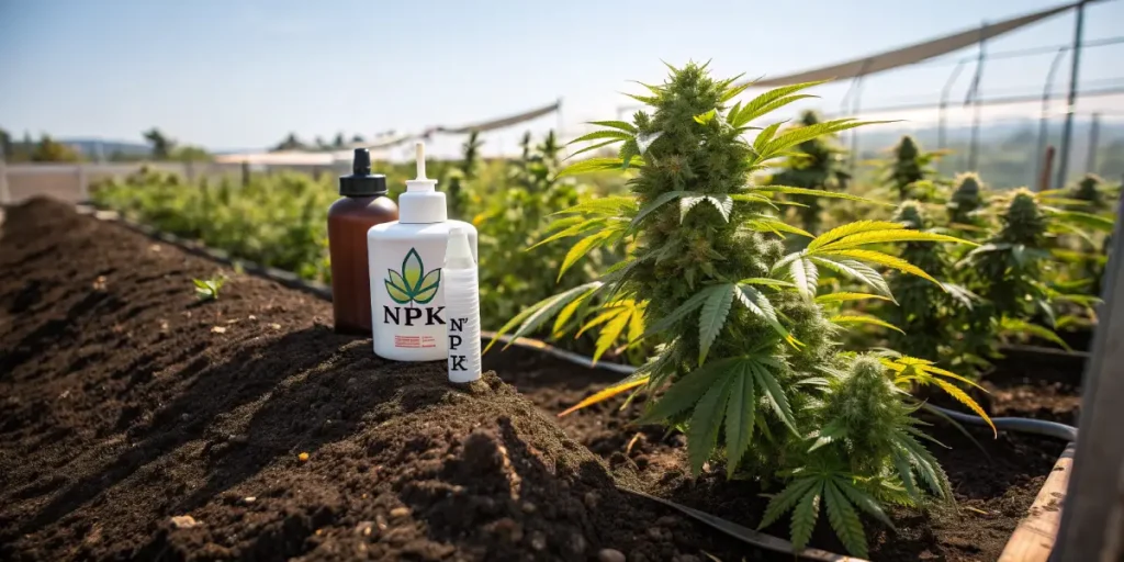 Hyper-realistic outdoor cannabis plant beside NPK fertilizer bottles on rich soil, with blurred farm background.